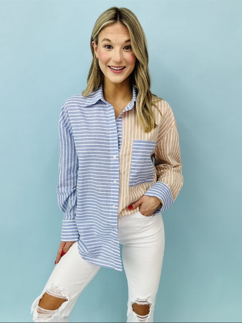 NWT GerGee Striped Two-Tone Color Block Button Down Shirt - Blue Tan off white
